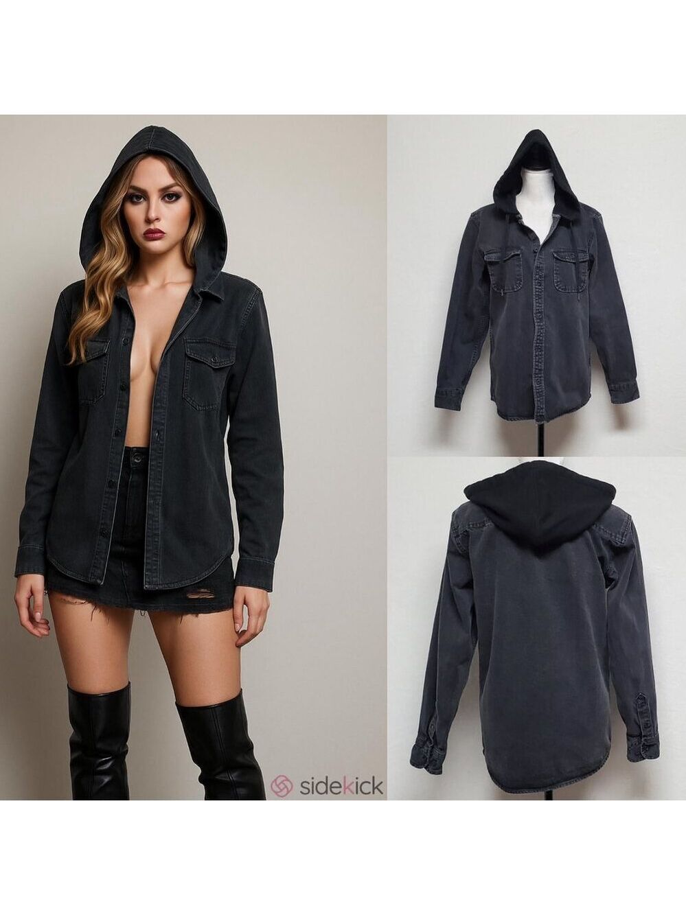 VINTAGE 80s Black Denim Contrast Hood Long Sleeve Button Up Grunge Jacket Medium